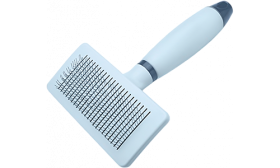 Ergonomic light-blue cat slicker brush with self-cleaning button and fine bristles, suitable for safe and easy cat grooming.
