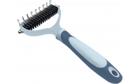 Grey cat dematting rake comb with non-slip handle, stainless steel blades, and soft bristles for gentle cat grooming.