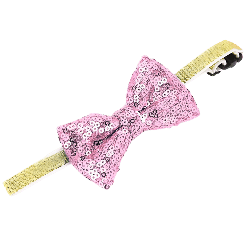 Sparkling blue sequin bow tie for pets with an adjustable gold strap, perfect for adding a festive touch to cats.
