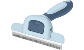 Cat grooming deshedding comb with grey and blue ergonomic handle and stainless steel blade, suitable for all cats.